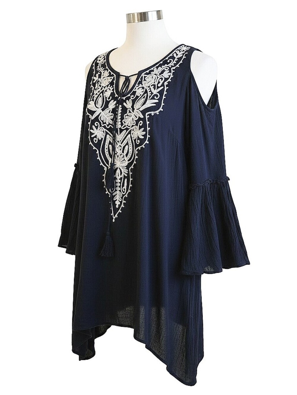 NWT! Exist Embroidered Cold-Shoulder Tunic in Navy and White